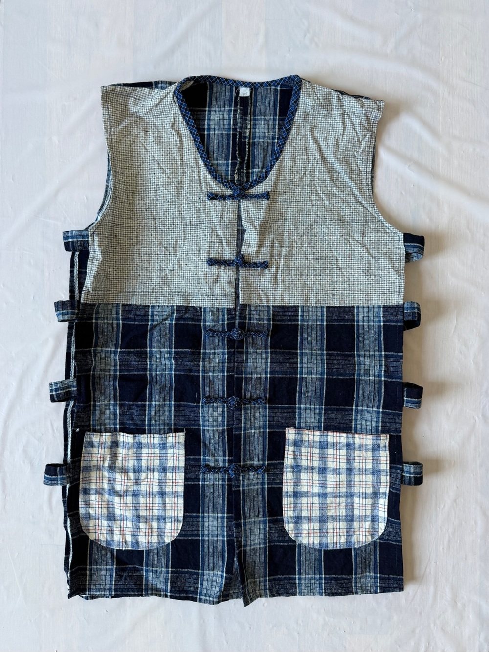 Patchwork Open Side Vest Handmade Cotton Smock Plaid Frog Closures Blue nWOT